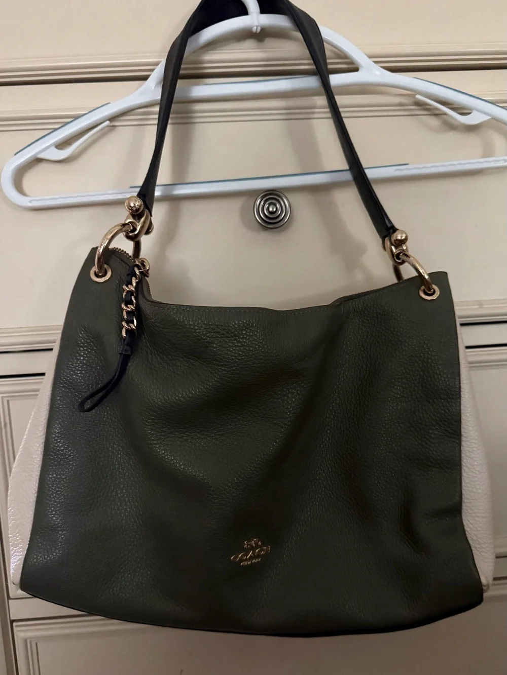 Coach New York Pebbled Leather Colorblock Tote Shoulder Bag Olive Green/ White